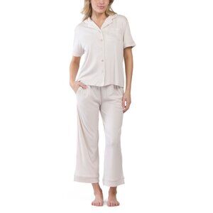 FLORA BY FLORA NIKROOZ Beige 2pc Iman Ribbed Notch Collar Pajama Set